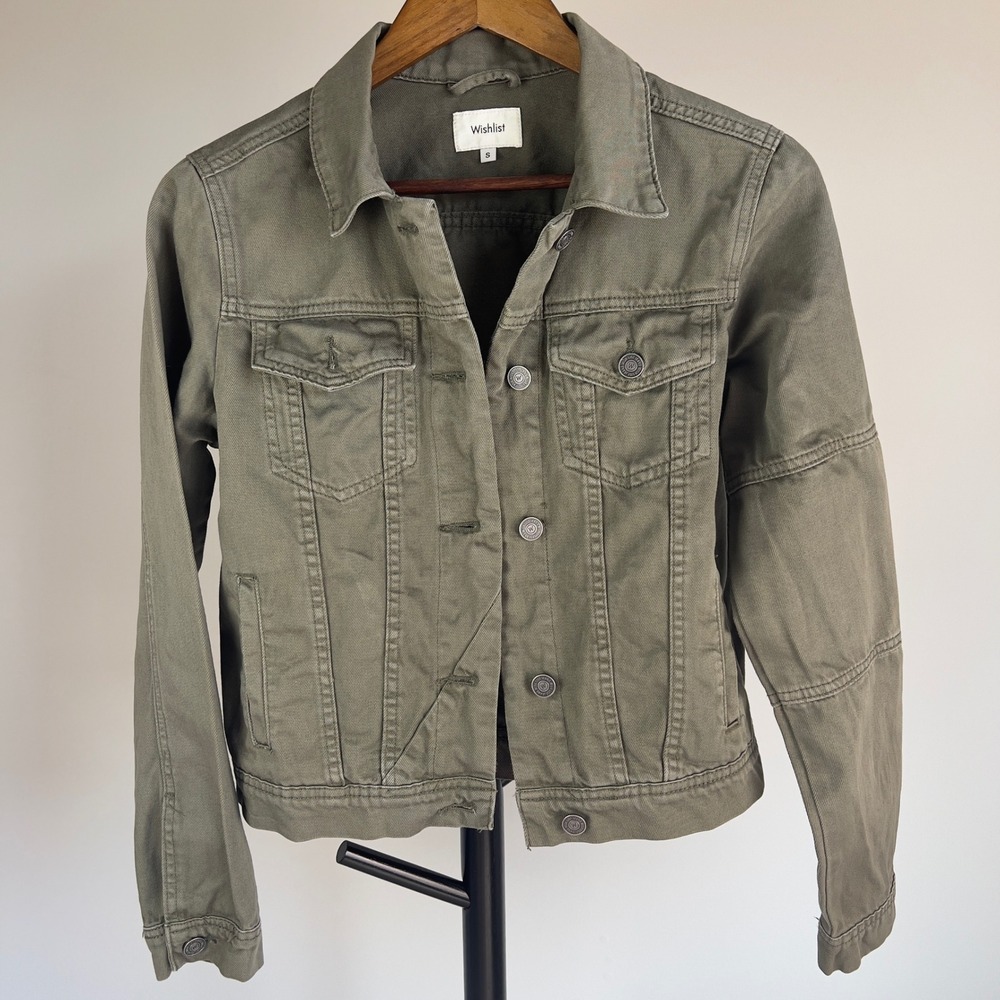 Wishlist Olive Green Denim Jacket Womens Small Utility Trucker Twill Cotton - Picture 11 of 11